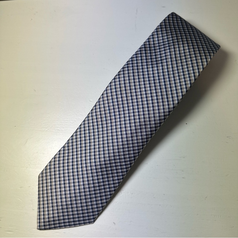 Tommy Hilfiger Men's Navy Tan White Plaid Polyester Tie
